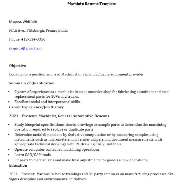 machinist resume template