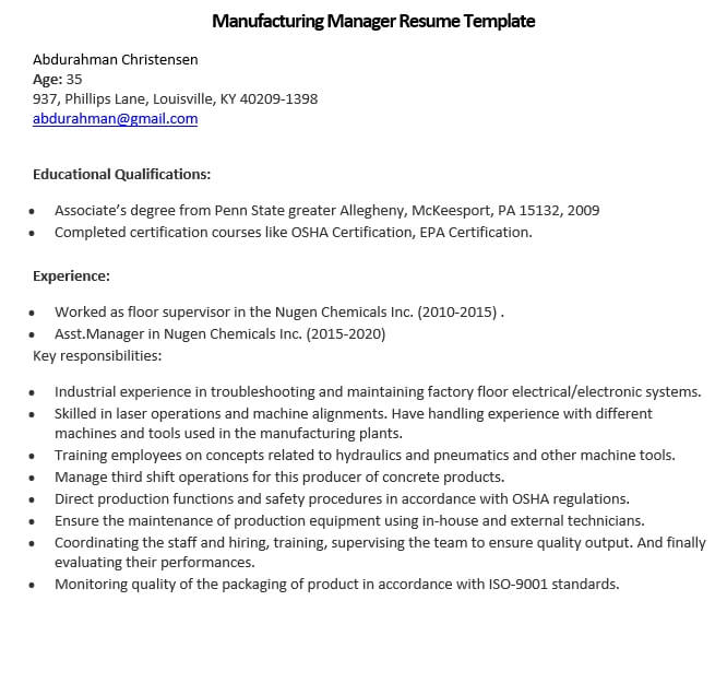 manufacturing manager resume template