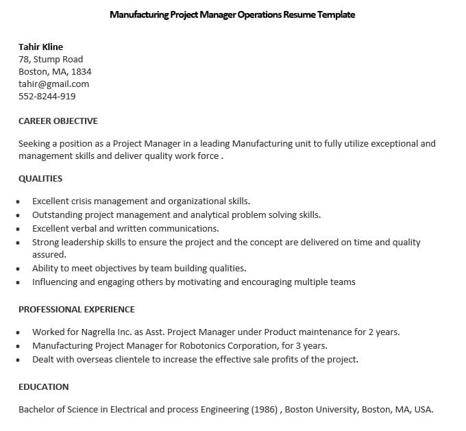manufacturing project manager operations resume template