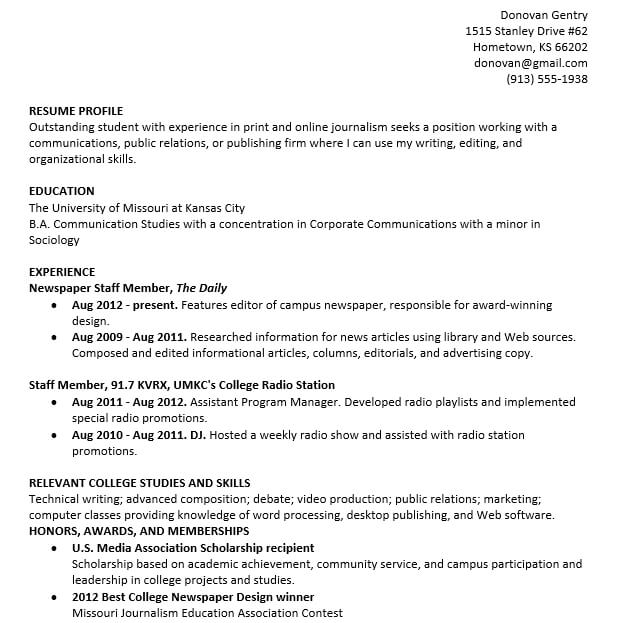 resume sample college student academic