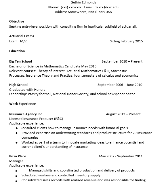 Actuarial Resume Entry Level