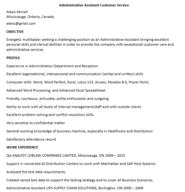 Administrative Assistant Customer Service Resume