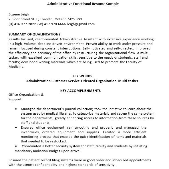 Administrative Functional Resume