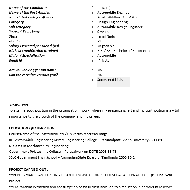 Automobile Engineering Resume Format