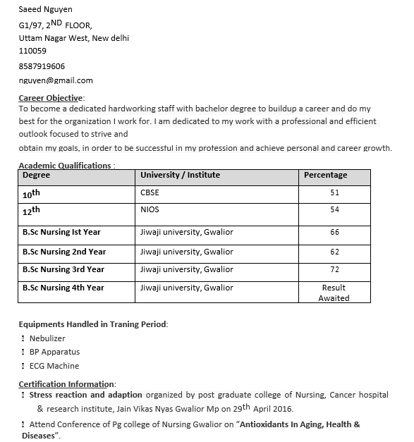 BSC Nursing Resume Format PDF