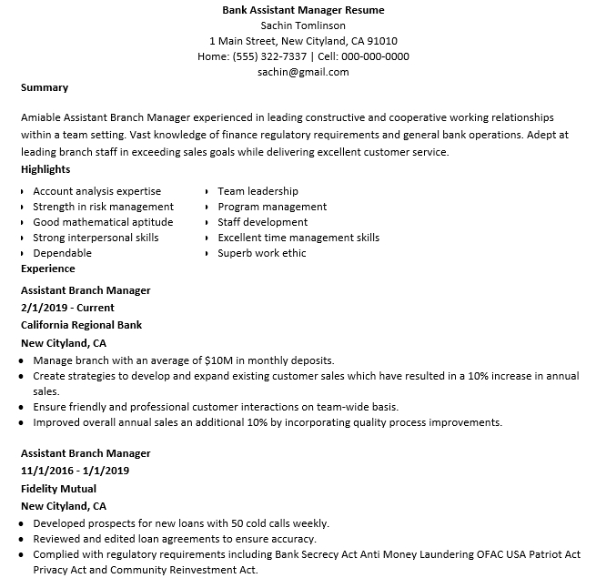 Bank Assistant Manager Resume
