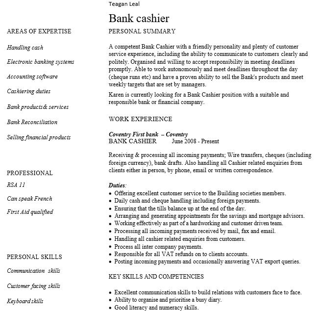 Bank Cashier Resume PDF Free Download