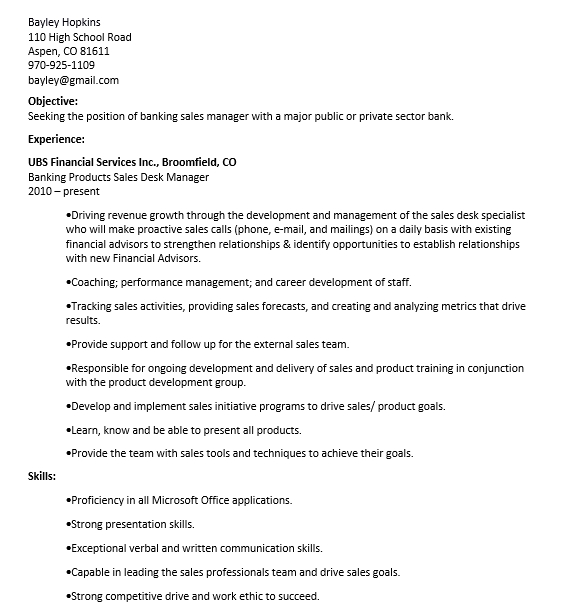 Banking Sales Experience Resume