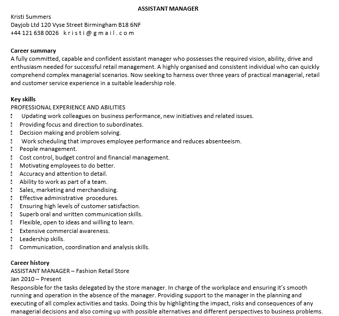 Basic Retail Assistant Manager Resume