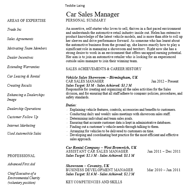 Car Sales Manager Automobile Resume Free PDF