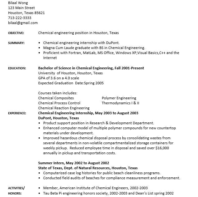 Chemical Engineering Internship Resume
