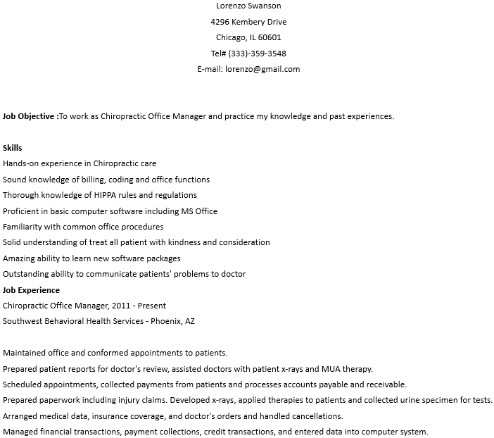 Chiropractic Office Manager Resume