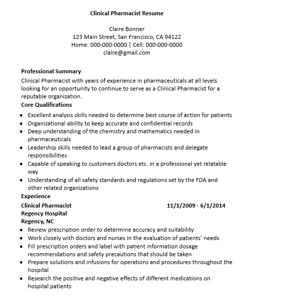 Clinical Pharmacist Resume
