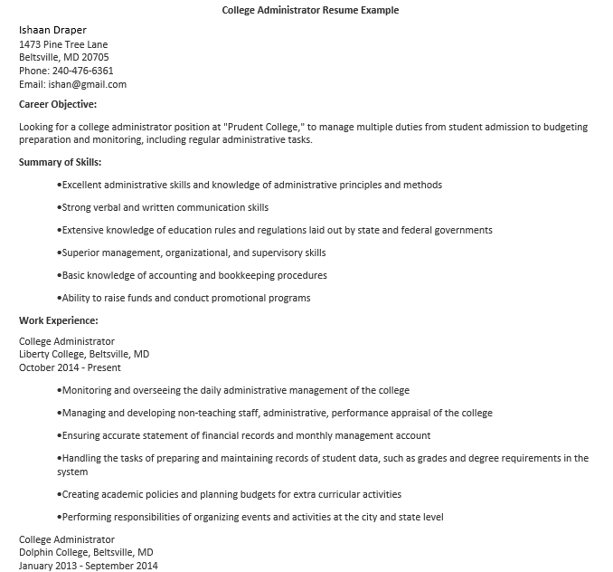 College administration resume Example