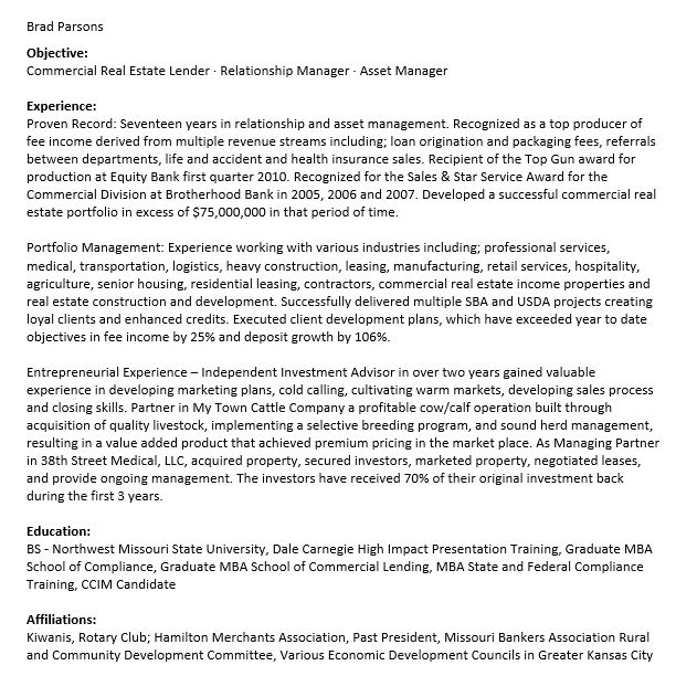 Commercial Real Estate Banking Resume