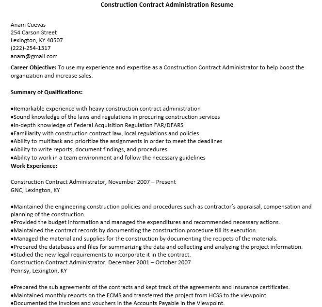 Construction Contract Administration Resume