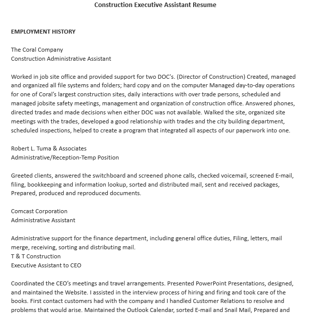 Construction Executive Assistant Resume