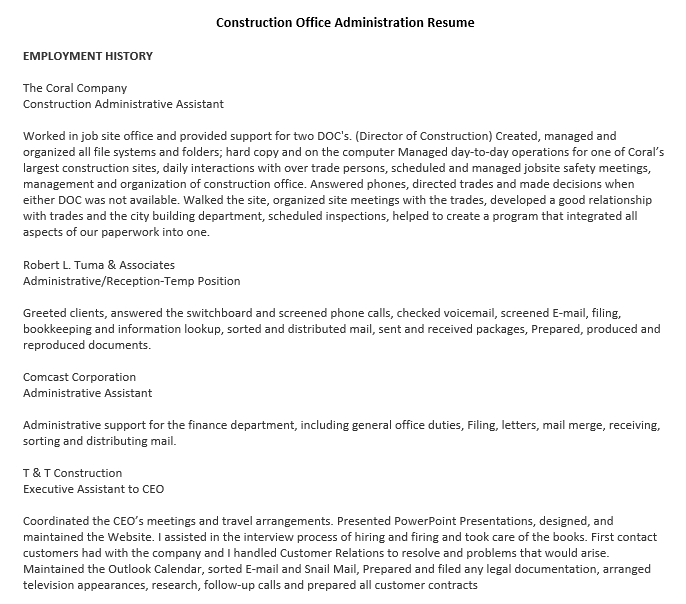 Construction Office Administration Resume