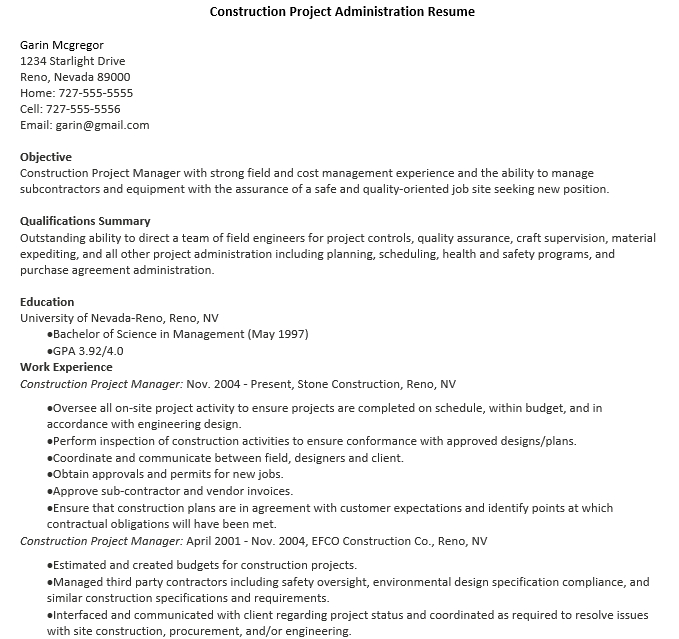 Construction Project Administration Resume