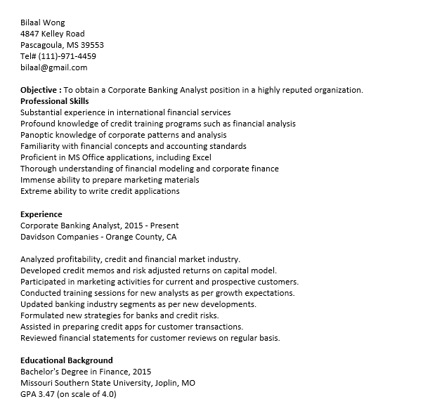 Corporate Banking Analyst Resume