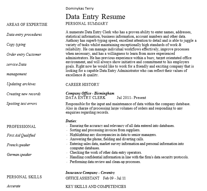 Data Entry Resume PDF Free Download