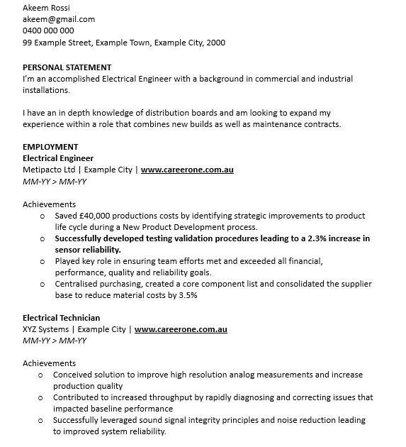 Electrical and Electronics Engineering Resume