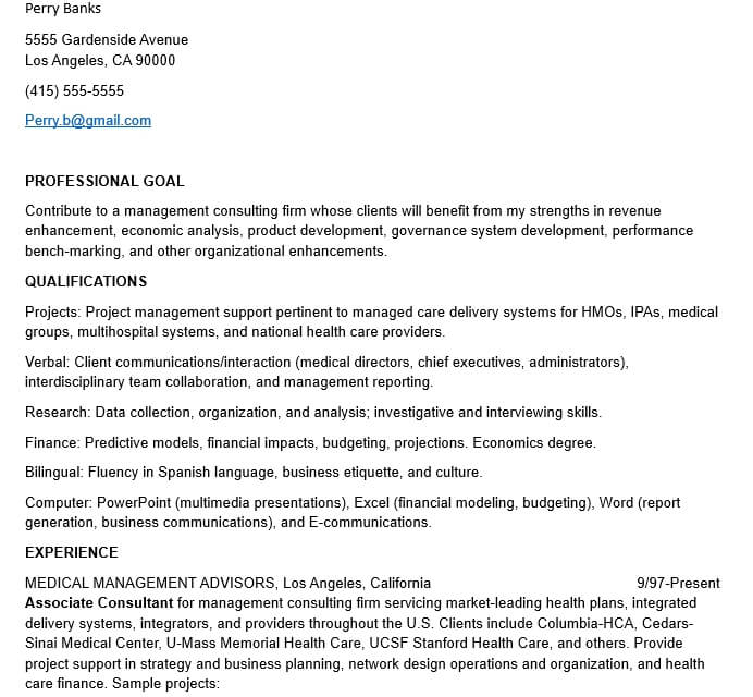 Entry Level Management Consulting Resume