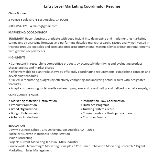 Entry Level Marketing Coordinator Resume