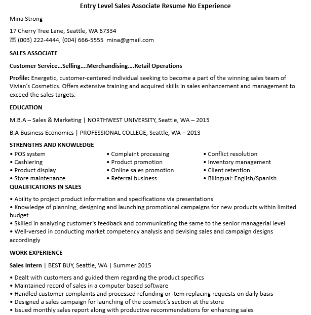 Entry Level Sales Associate Resume No Experience