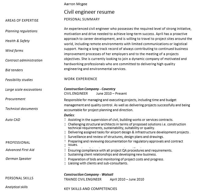 Experienced Civil Engineer Resume PDF Free Download