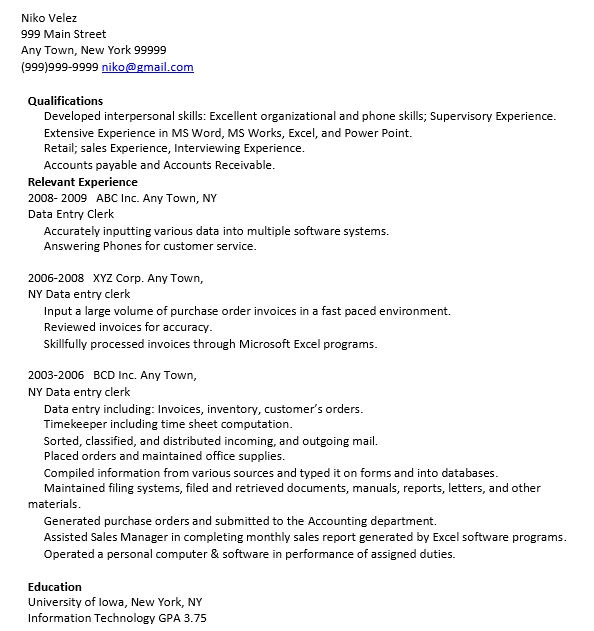 Experienced Data Entry Resume Free PDF Download