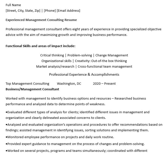 Experienced Management Consulting Resume