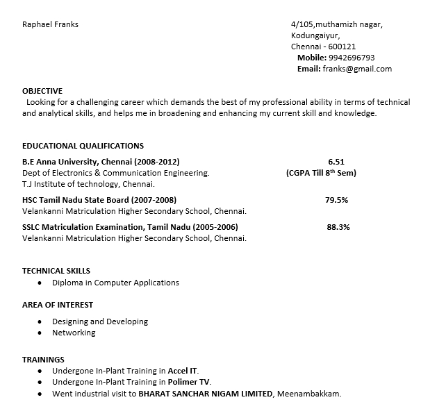 Final Year Engineering Student Resume Free Doc Format