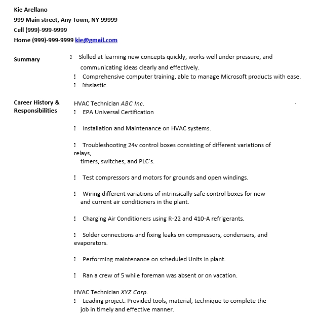 HVAC Technician Resume Free PDF Template