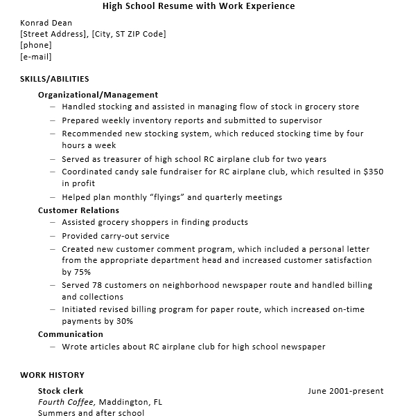 High School Resume with Work Experience