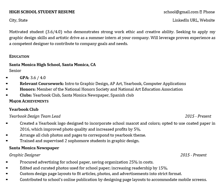 High School Student Resume With No Work Experience