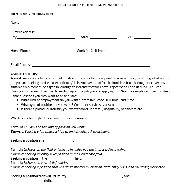 High School Student Resume Worksheet