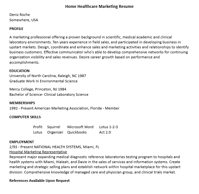 Home Healthcare Marketing Resume