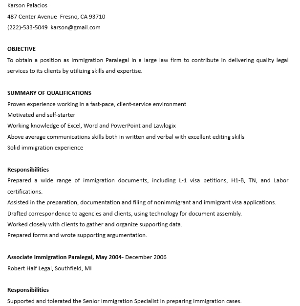 Immigration Paralegal Resume