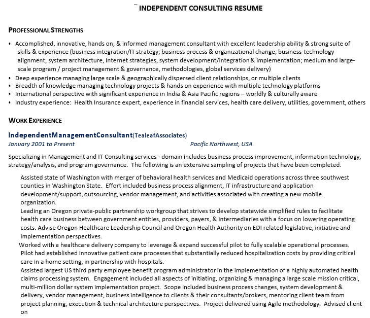 Independent Management Consulting Resume