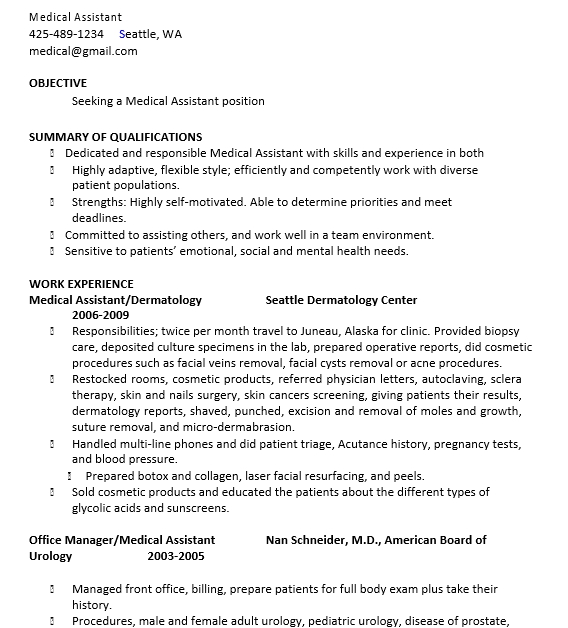 Medical Assistant Work Experience Resume