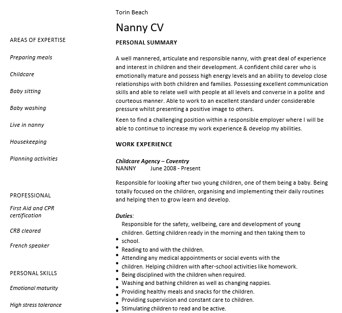 Nanny Babysitter Resume