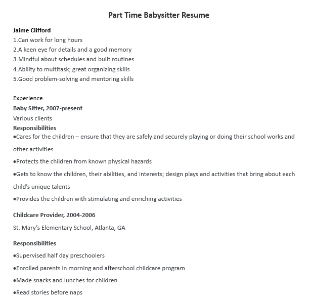 Part Time Babysitter Resume