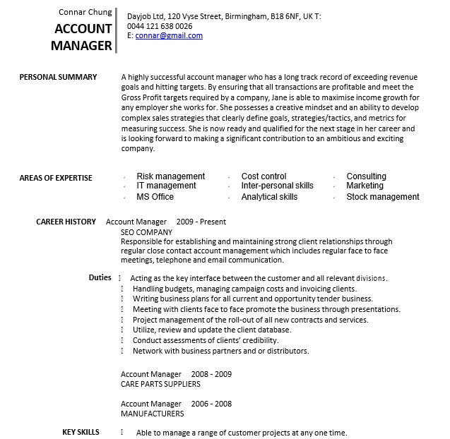 Sample Account Manager Resume