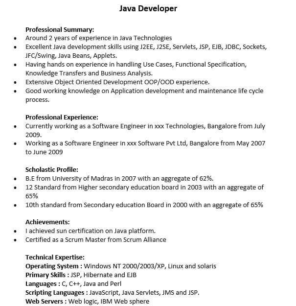 Simple Resume Format of Java Developer
