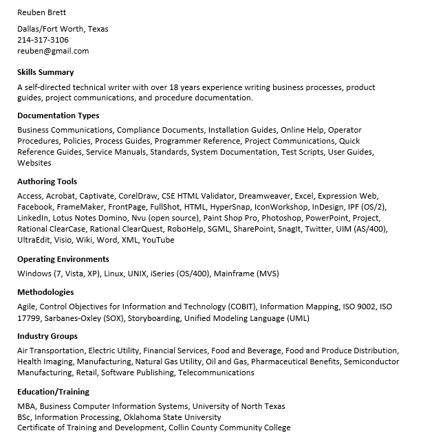 Technical Writer Experience Resume