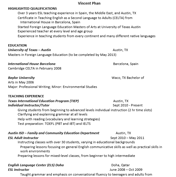 Tutor Resume for ESL PDF Free Download