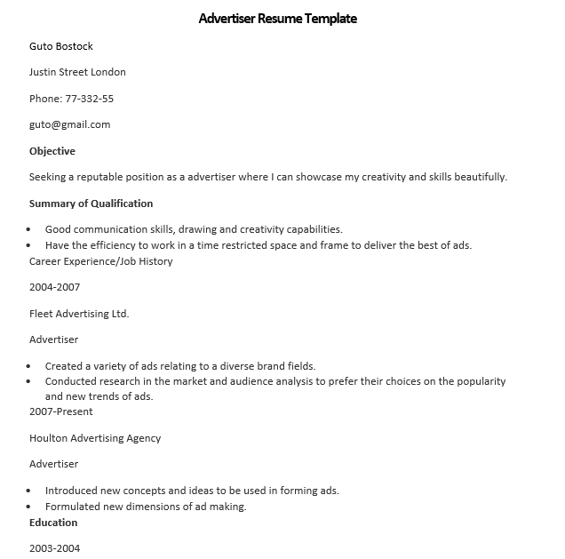 advertiser resume template