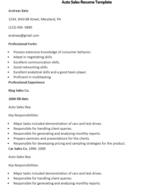 auto sales resume template