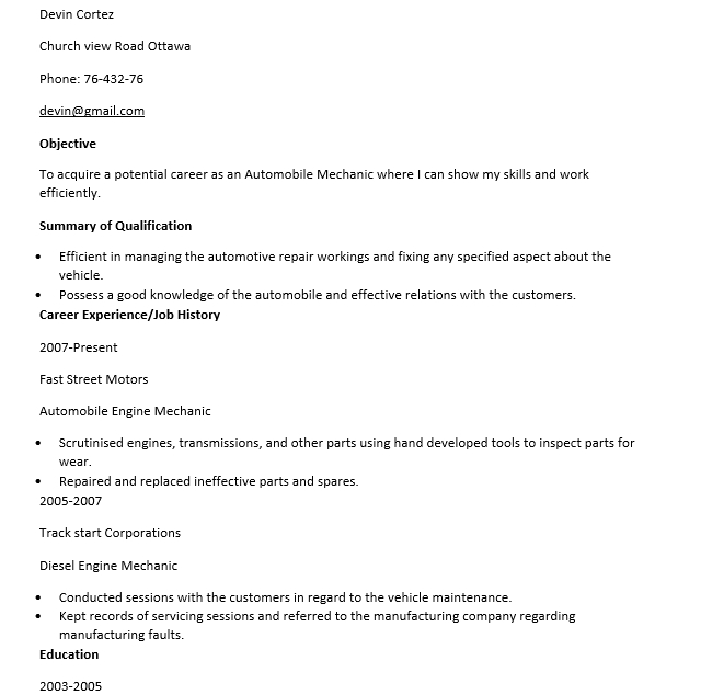 automobile mechanic resume template